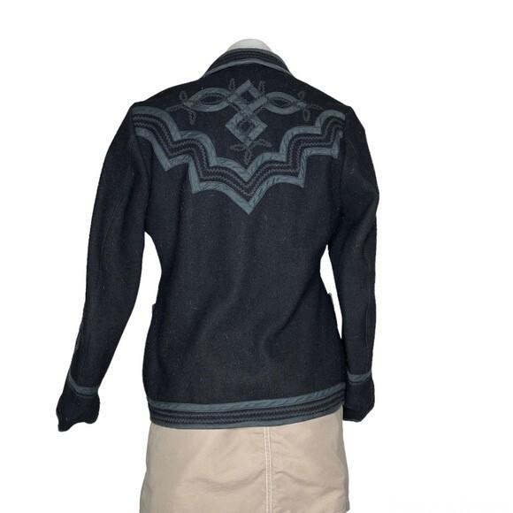 Black Blazer Wool Appliqué Design Two Button Closure VINTAGE Retro - Picture 2 of 12